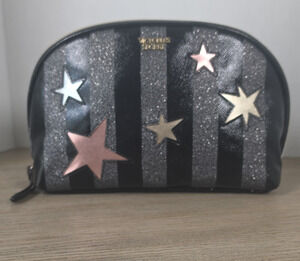 Victoria's Secret Glitter Striped Star Zip Makeup Bag 10 in x 6 in Black